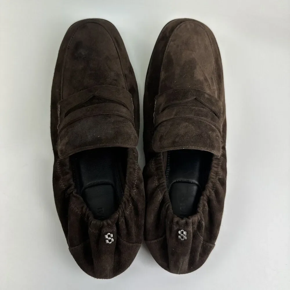 Simkhai Danna Suede Loafer Brown Ruched Heel Penny Flat Slip On Classic 38 7.5‎